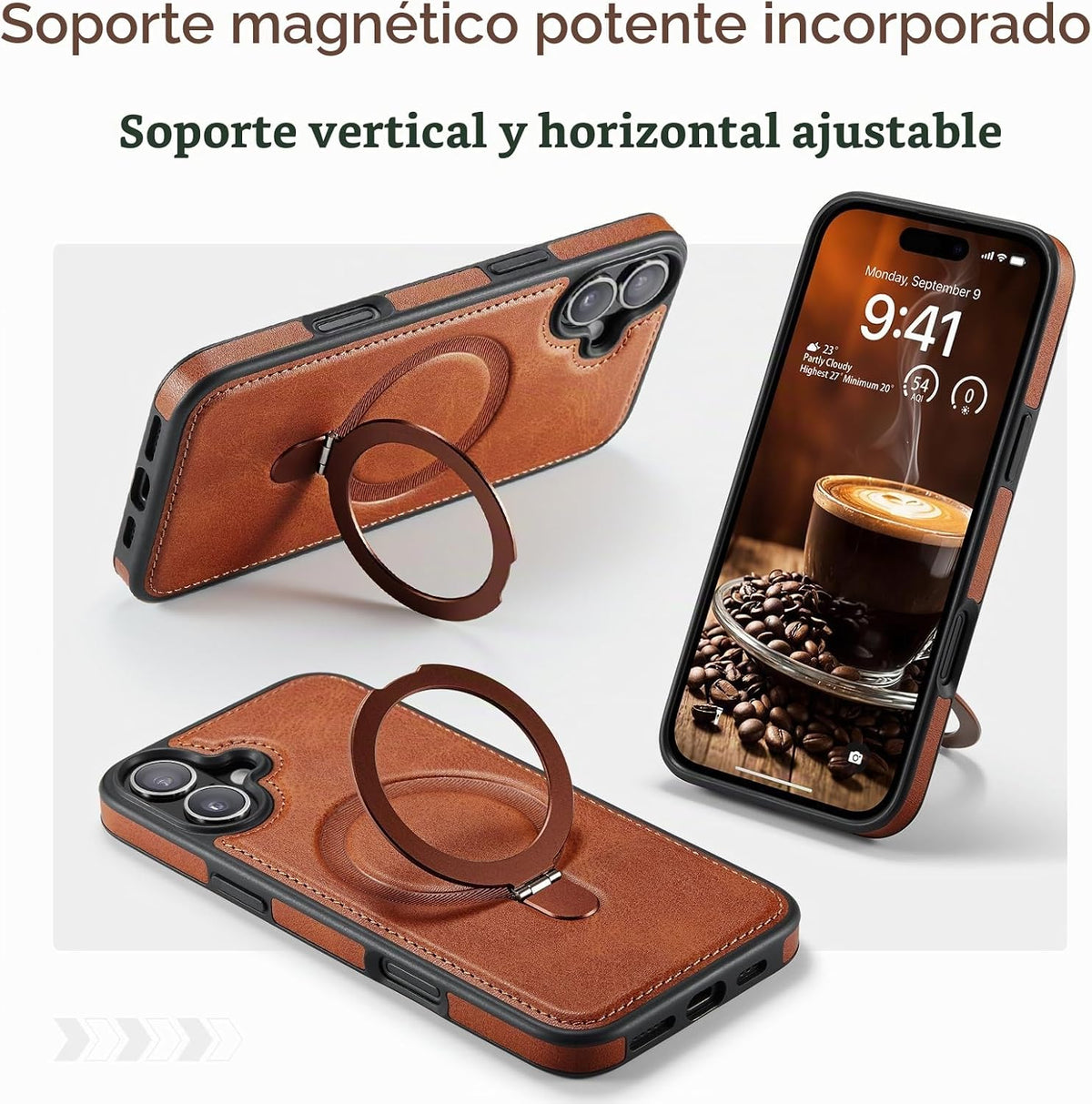 Funda para iPhone 16 con soporte compatible con Magsafe, color marrón