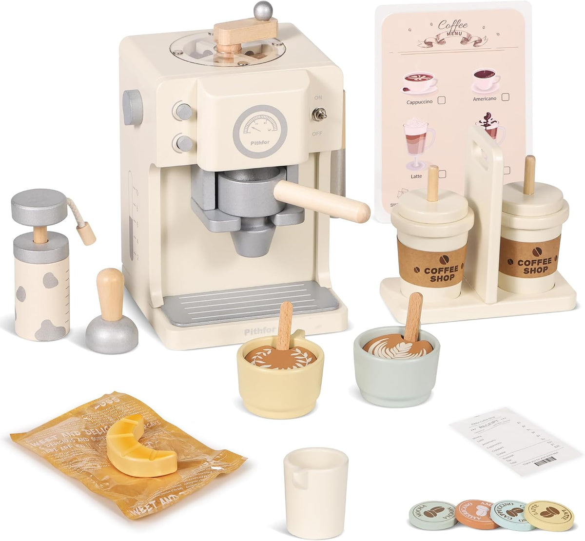 Kids Wooden Coffee Playset con Grinder, Toy Coffee Maker para Kids Toddlers, Pretend Play Kitchen Appliances & Accessories Toy Gift para Boys Girls