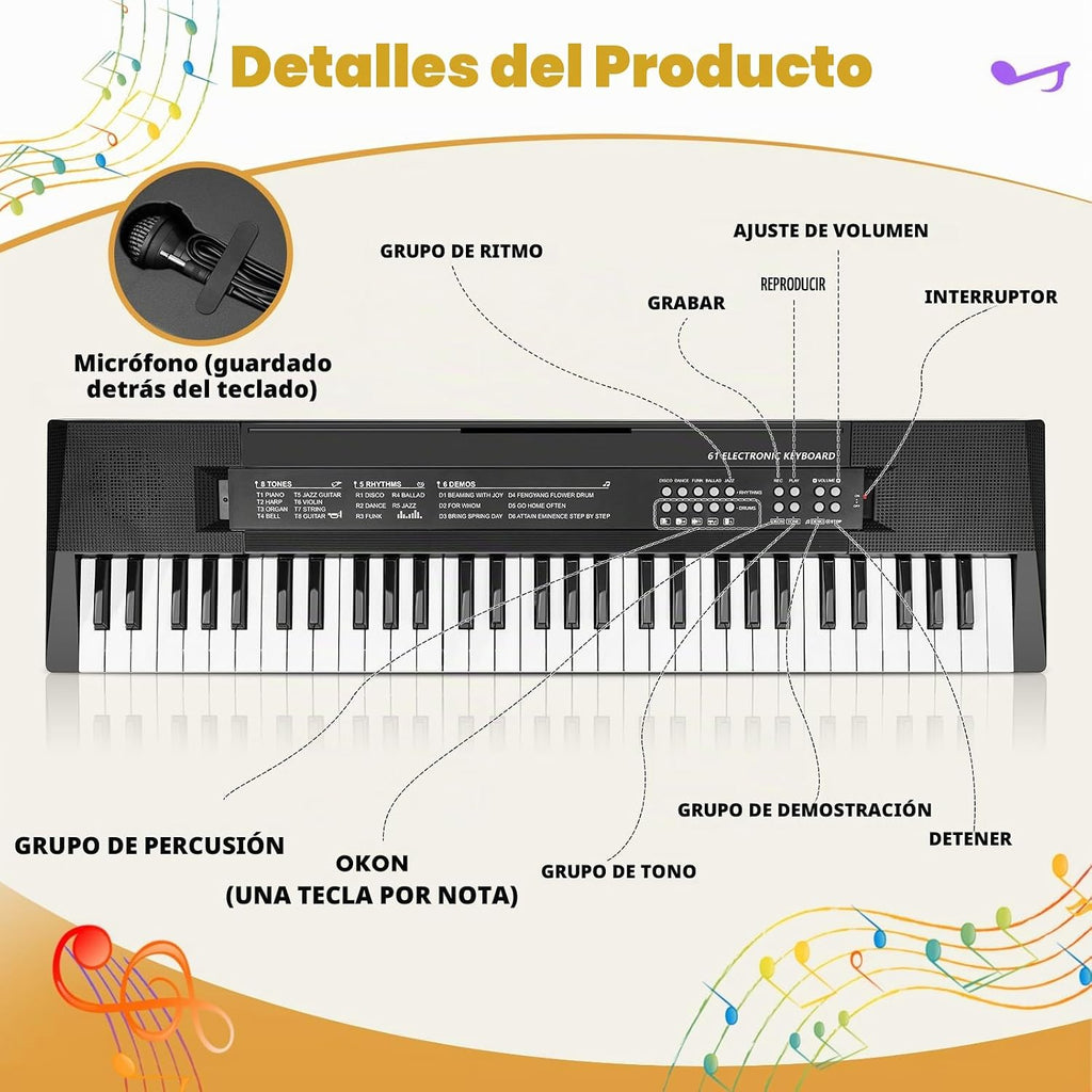 61 Keys Kids Piano teclado Toy con Mic para 3 4 5 6 7 8 Girls Boys, negro