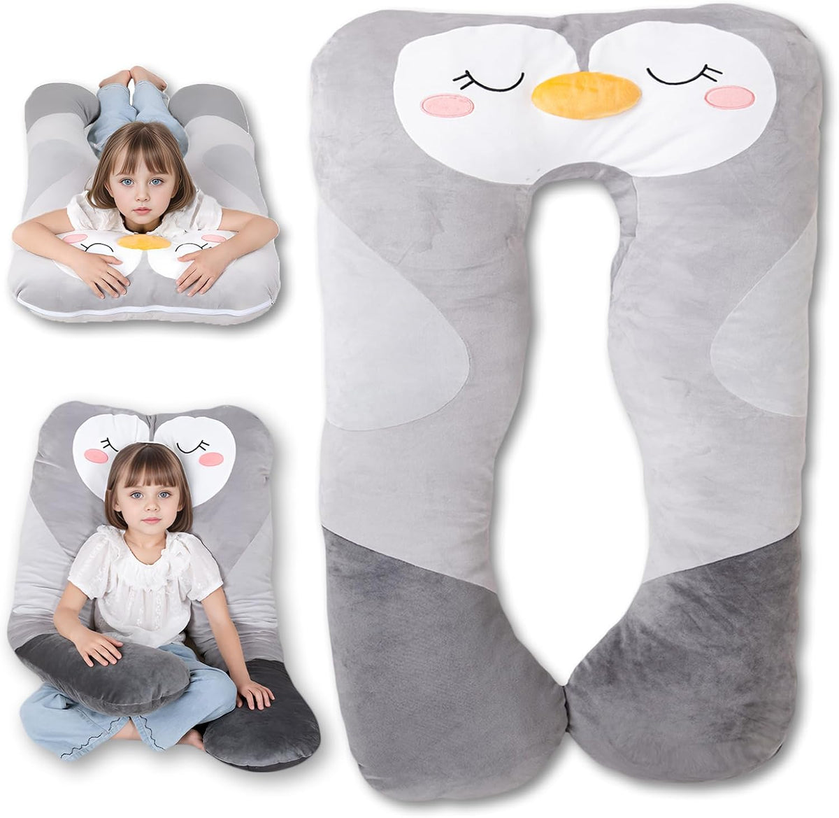 Almohada larga de felpa en forma de U de 47x23 pulgadas para niños, almohada grande y suave con forma de pingüino para dormir, peluches grandes y bonitos, funda lavable, regalo para niños y