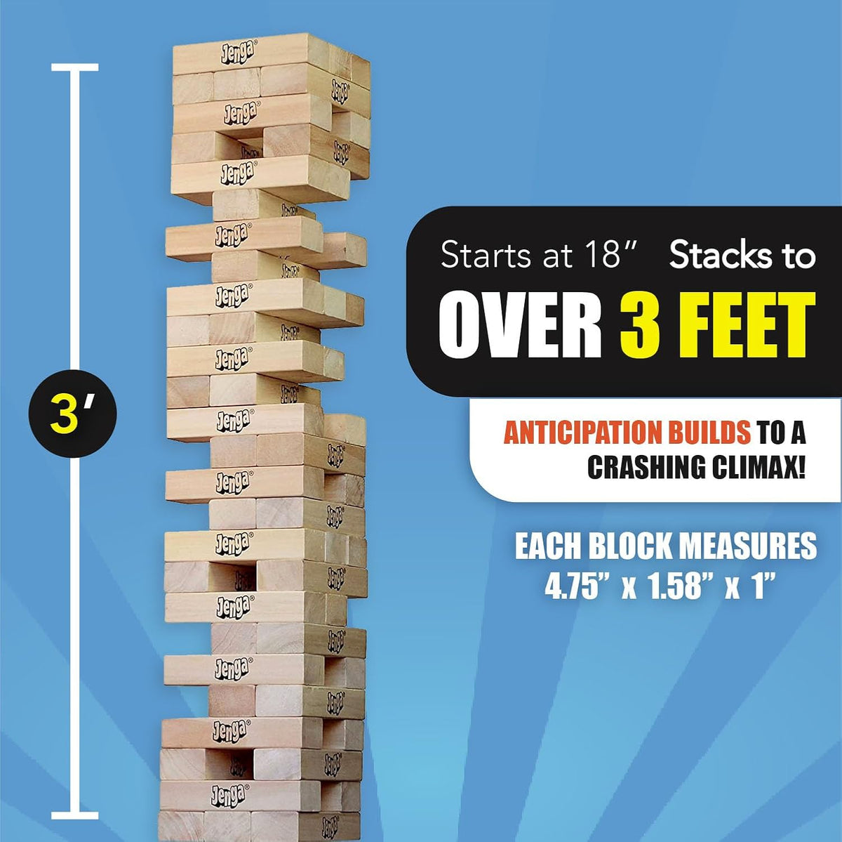 Jenga Desafío gigante, juego de apilamiento con tabla de torneos y bolsa de viaje, juego de fiesta para niños y adultos, se apila hasta 3 pies