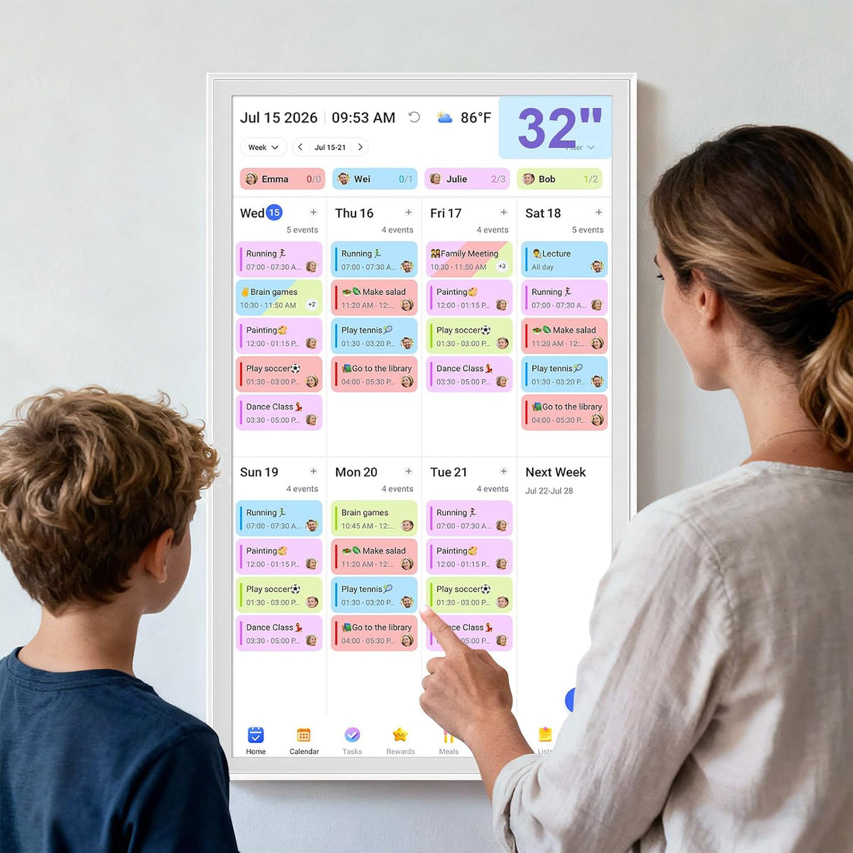 Calendario digital inteligente de 32 pulgadas, gráfico de tareas familiares y marco de fotos