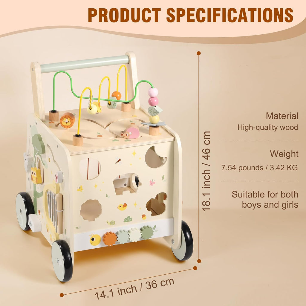 Andador de Actividad de Madera con Cubo, Andador de Madera para Bebés, Juguetes de Empuje Montessori para Bebés que Aprenden a Caminar y a Sentarse y Pararse