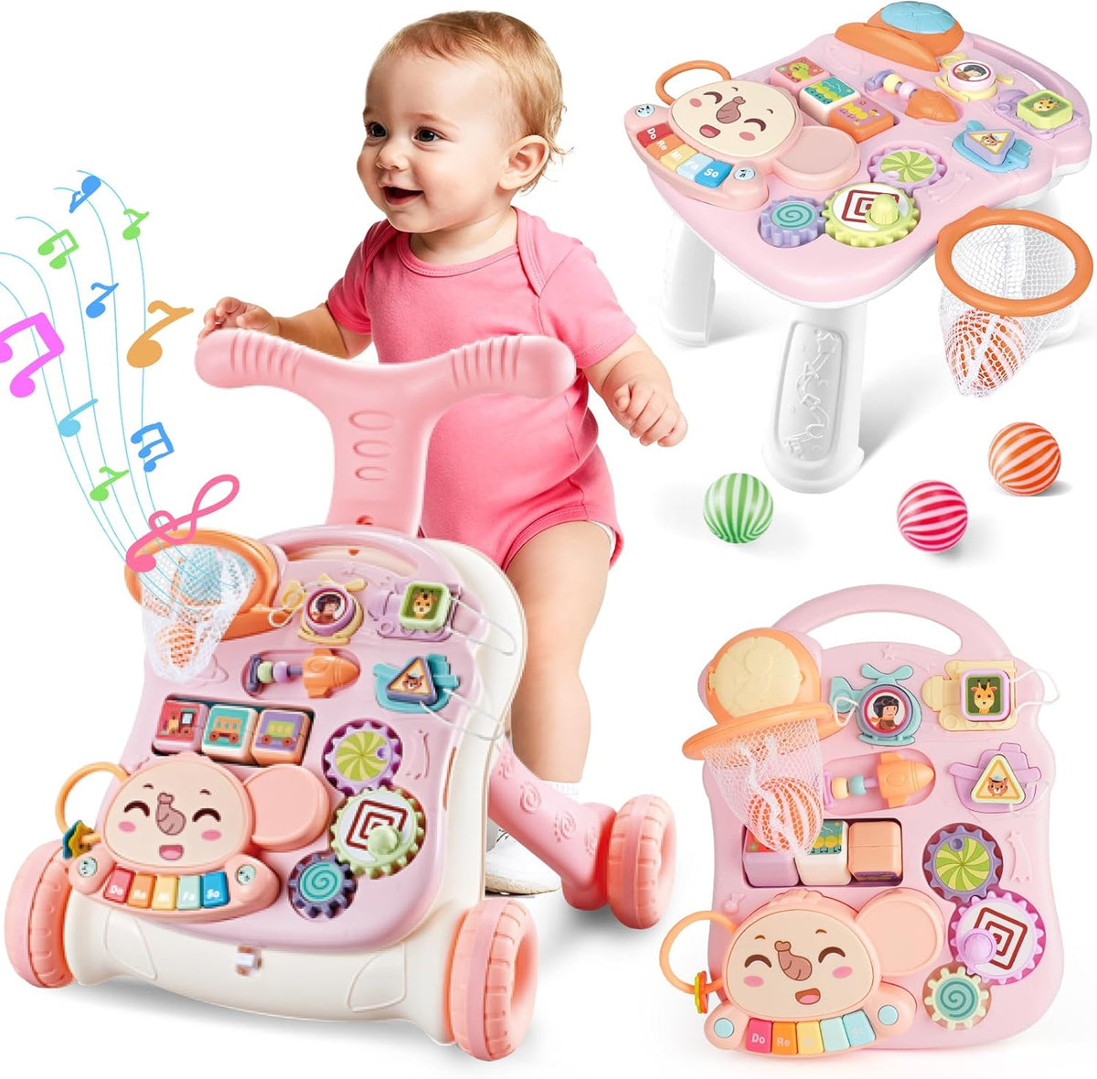 AuntyFey Baby Walker, 3 en 1 Push Walker para Niñas y Niños, Juguete para Aprender a Caminar para 1 Año, de Sentarse a Pararse, Juguete Andador para Niñas 12 Meses, Rosa