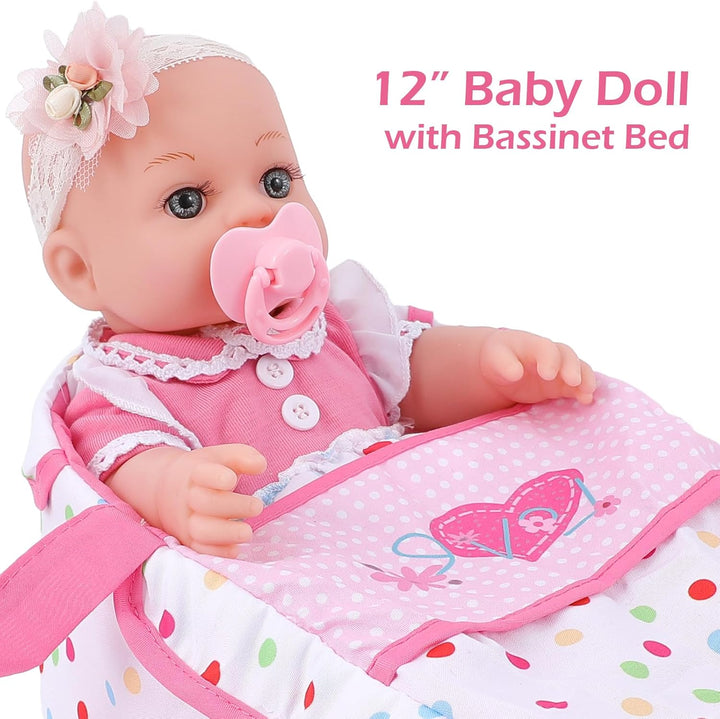 DONTNO Muñeca de bebé de 12 pulgadas con cama de moisés, muñeca Reb...