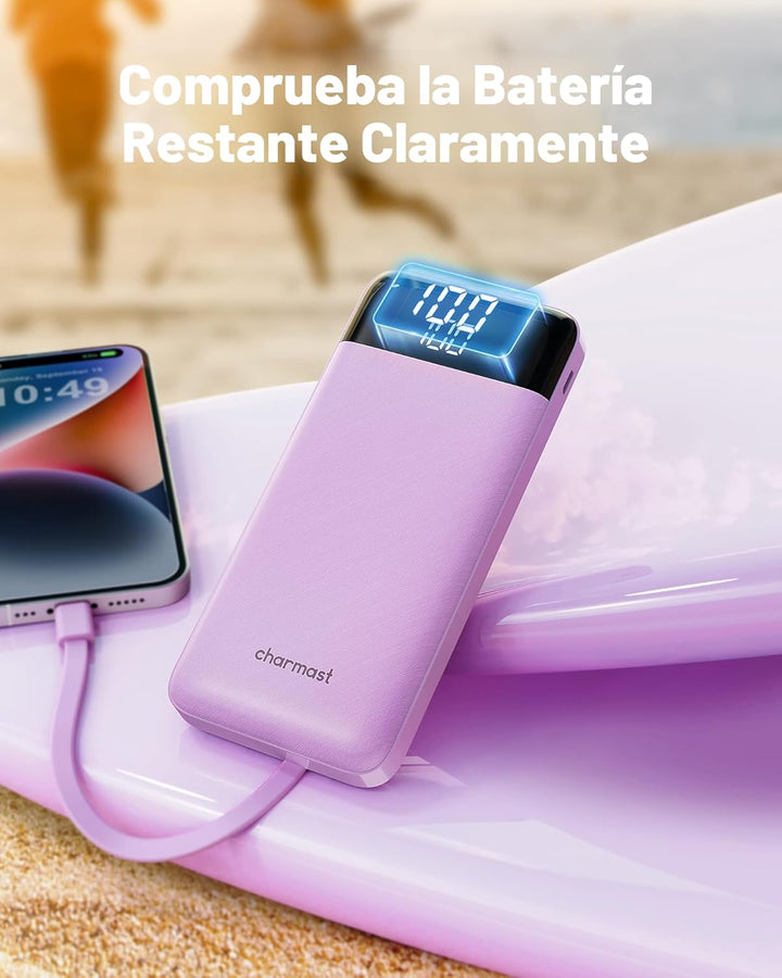 charmast Cargador portátil con cables incorporados, banco de energí...