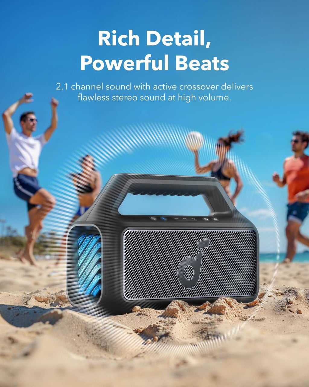 Soundcore Boom 2 - Altavoz para exteriores, 80 W, subwoofer, BassUp 2.0, tiempo de reproducción de 24 horas, IPX7 impermeable, flotante, luces RGB, USB-C, ecualizador personalizado, Bluetooth 5.3