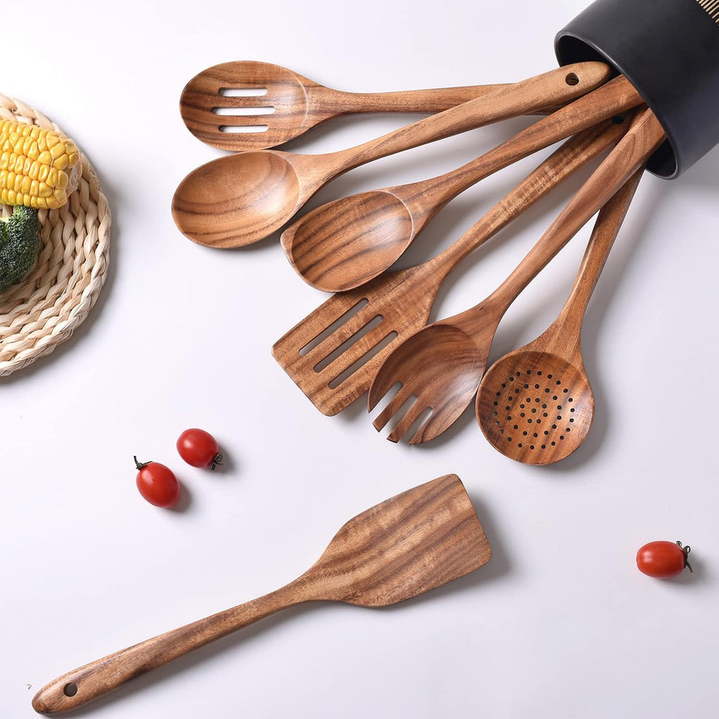 Utensilios de madera de 13 pulgadas de largo para cocinar, cucharas de madera de mango largo para cocinar, juego de 7 PIEZAS de cucharas de madera para manualidades, juego de utensilios de