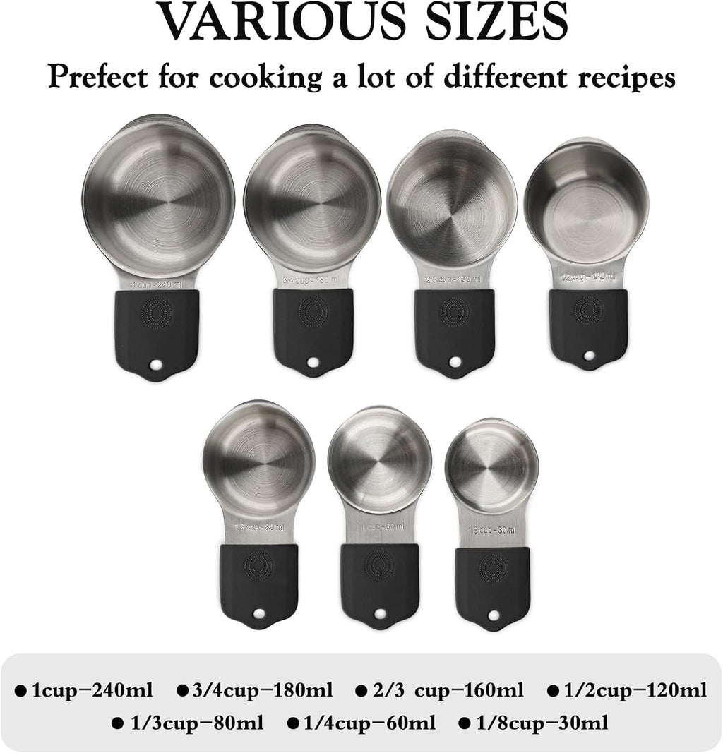 Juego de 16 tazas y cucharas medidoras magnéticas, juego de 7 tazas medidoras magnéticas de acero inoxidable y cucharas medidoras magnéticas con nivelador para ingredientes líquidos secos (7, negro)