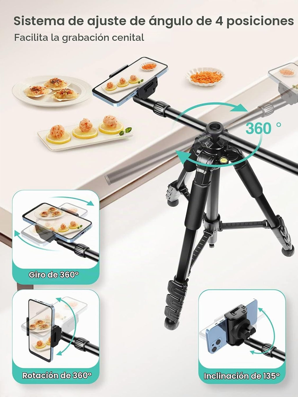 Elitehood Trípode para iPhone para grabación de video aérea [resistente y ultraestable], brazo horizontal largo extensible de 25 pulgadas, soporte de trípode para iPhone con rotación de 360° con