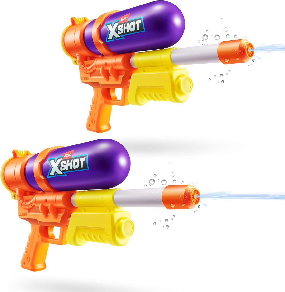 XSHOT ZURU - Lanzador de agua de llenado rápido de agua de los años 80, paquete de 2 (morado) - Estilo vintage con tecnología de llenado rápido, rango de 33 pies y tanque de 25.4 fl oz, juguete de