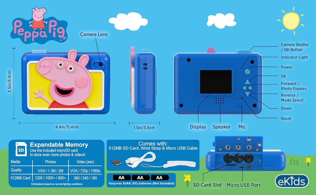 ekids Peppa Pig - Cámara para niños con tarjeta SD, cámara digital...