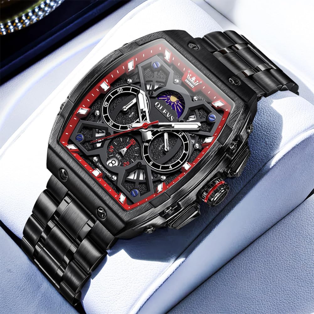 OLEVS Reloj para Hombres Analógico Cuarzo Lujo Diamante Resistente al Agua Cronógrafo Acero Inoxidable Carita Grande Cuadrado Fecha Fase Lunar Romano Relojes de Vestir para Hombres