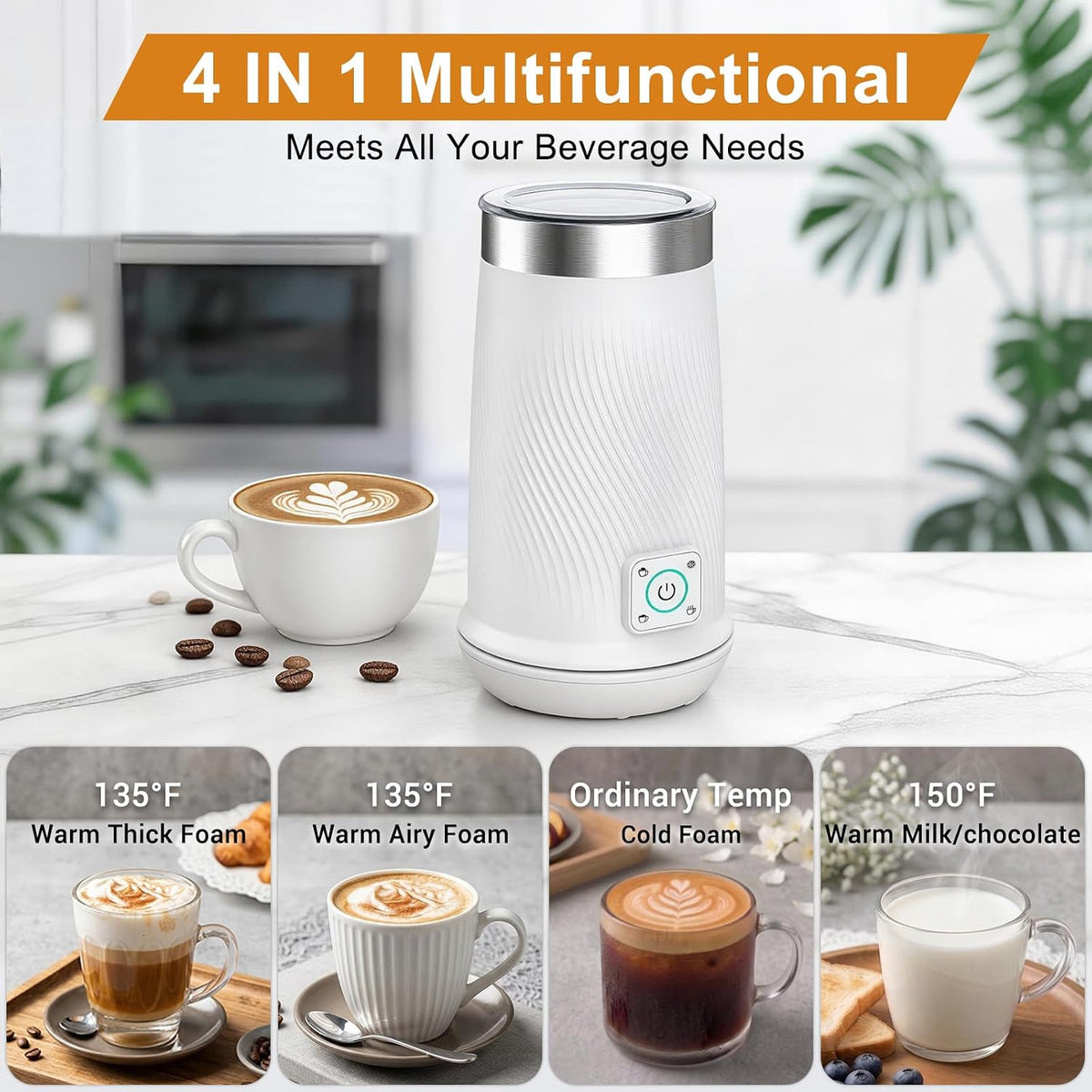 Espumador de leche eléctrico 4 en 1, vaporizador de leche de espuma fría