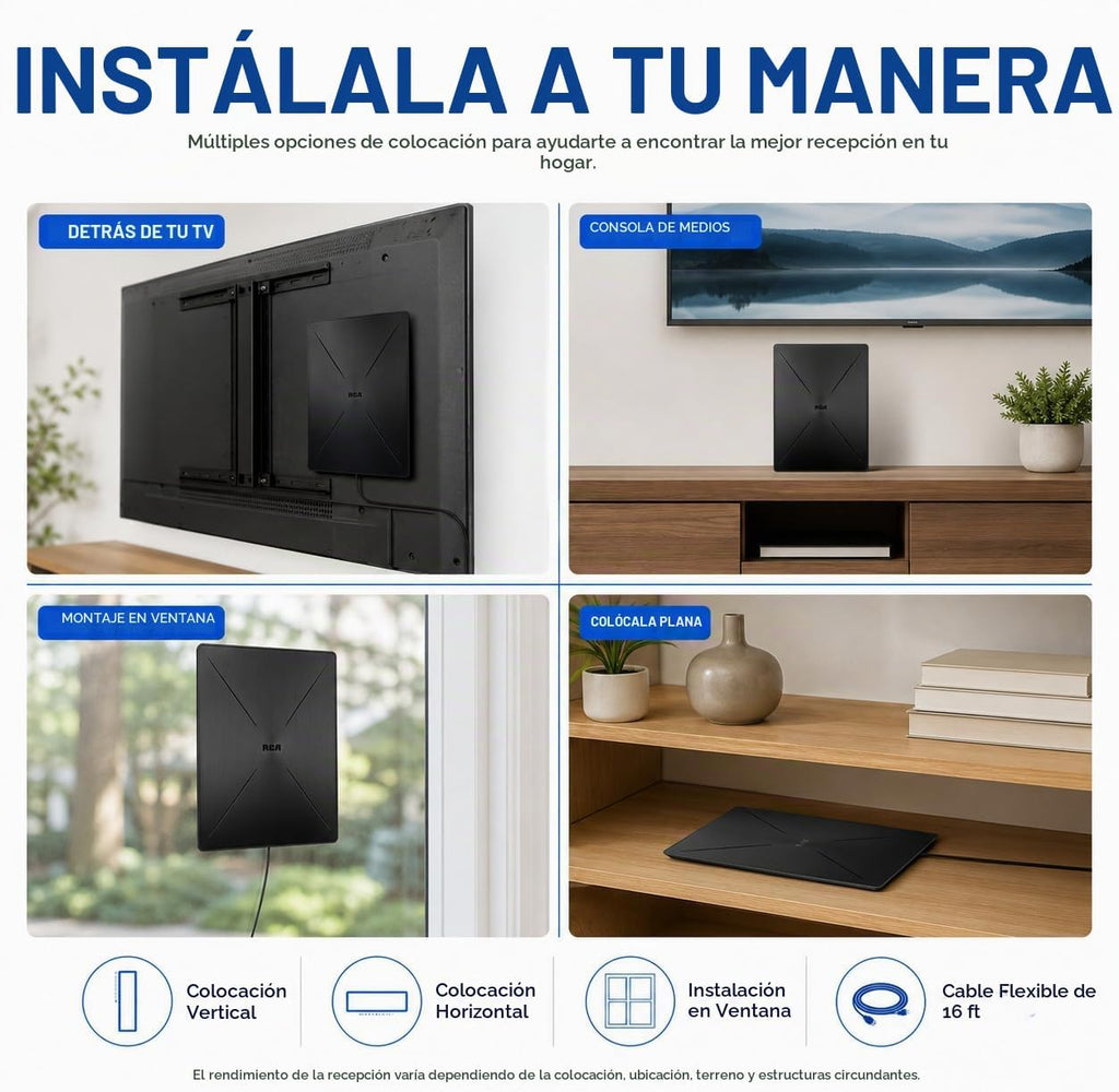 Antena HDTV plana amplificada para interiores RCA - Recepción multidireccional VHF y UHF, 4K/8K, 1080P, alcance de 40 millas - ANT1360E