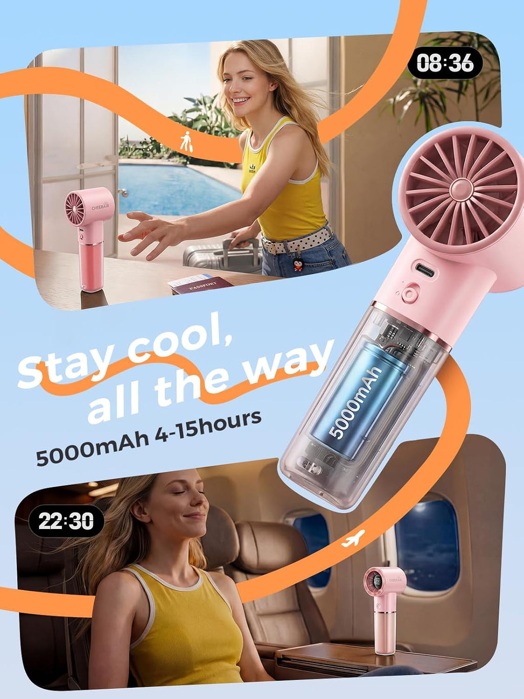 CHEERAIR - Ventilador portátil de mano, mini ventilador recargable...