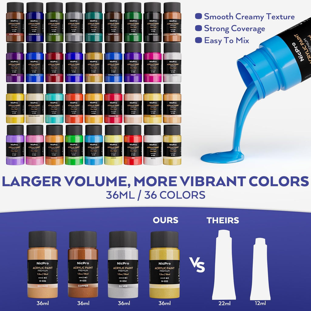 Nicpro - Juego de 80 lienzos de pintura acrílica para adultos con 36 pinturas (1.2 fl oz)