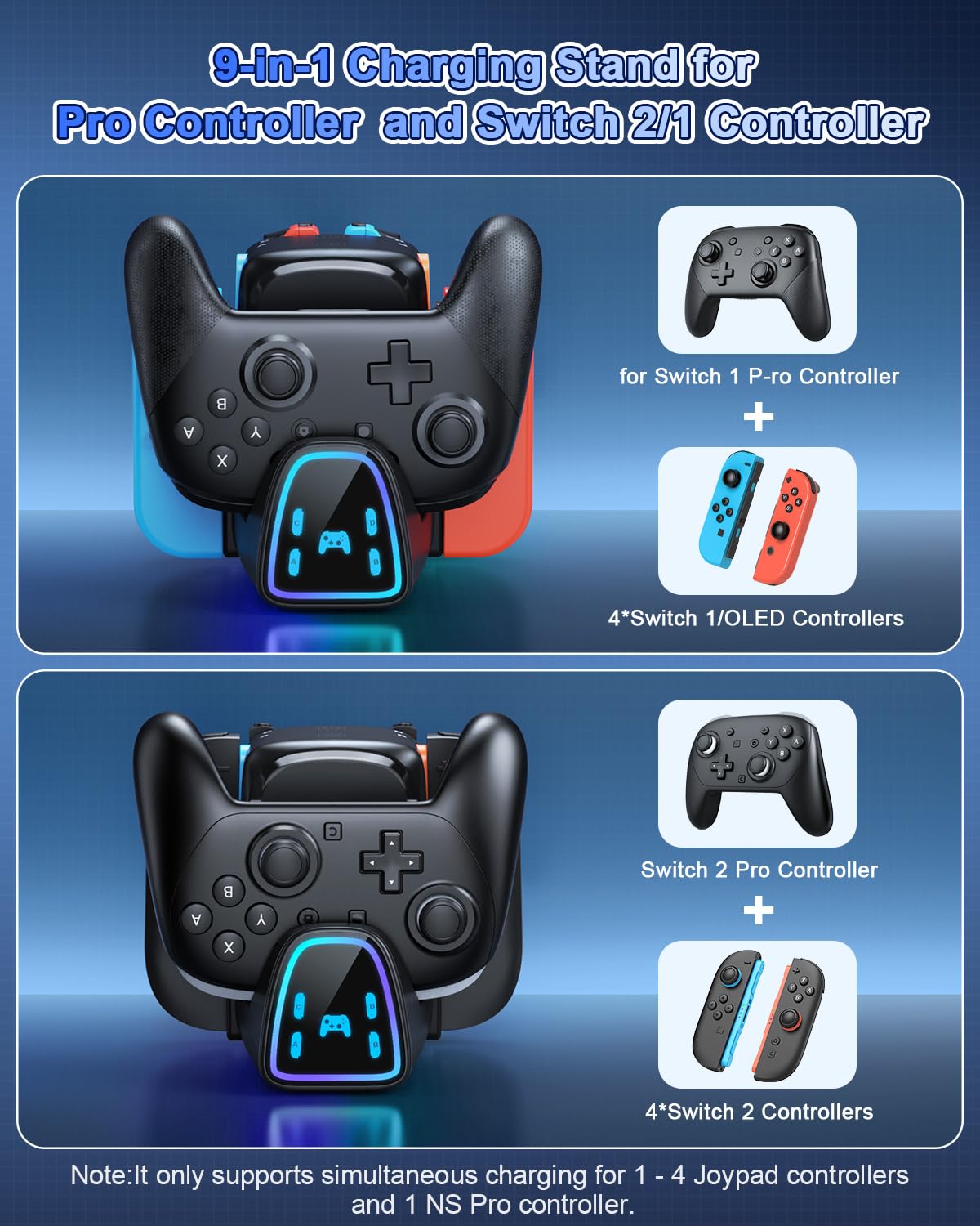 9 en 1 Controller carga Dock para Nintendo interruptor 2/interruptor 1/OLED Controller, Fast Charger Station para Joy Con 2&1 y Pro Controller 2&1, Charger Accessories con RGB Light