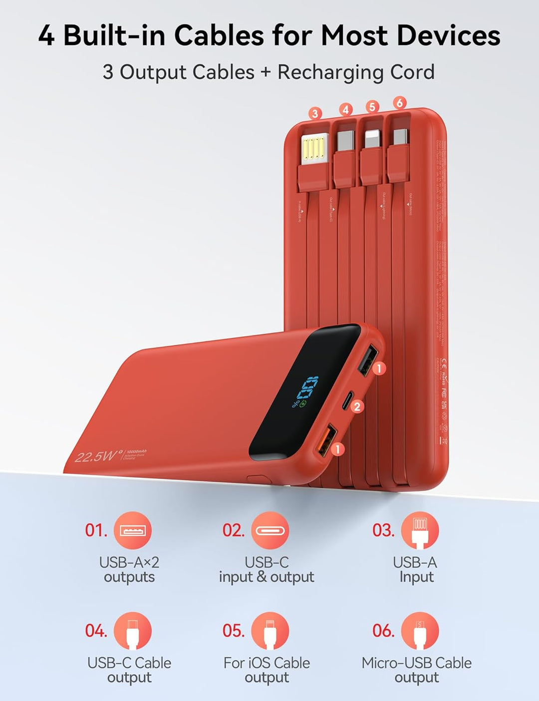Cargador portátil de 10000 mAh integrado con 4 cables, cargador de...