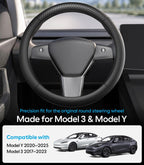 Wigoo Funda de volante para accesorios de modelos 20-24 Y/ 17-23 Model 3, redonda para Tesla Model Y 20-24 y Model 3 17-23 de piel de napa premium con piel de fibra de carbono para agarre