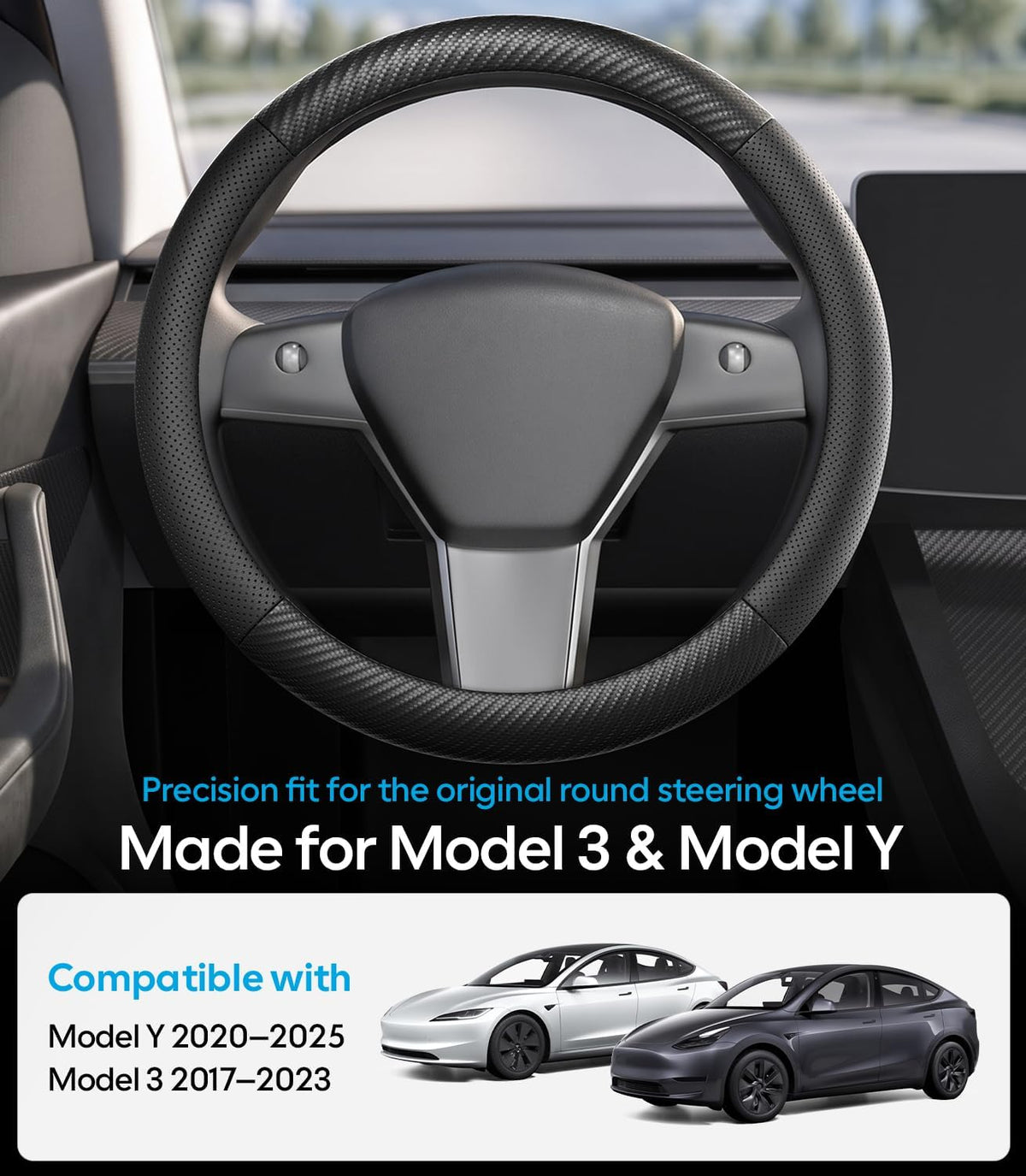 Wigoo Funda de volante para accesorios de modelos 20-24 Y/ 17-23 Model 3, redonda para Tesla Model Y 20-24 y Model 3 17-23 de piel de napa premium con piel de fibra de carbono para agarre