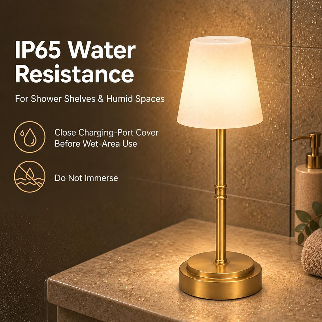 Lámpara Lámpara de mesa LED inalámbrica recargable, lámpara de ducha IP65, dorado