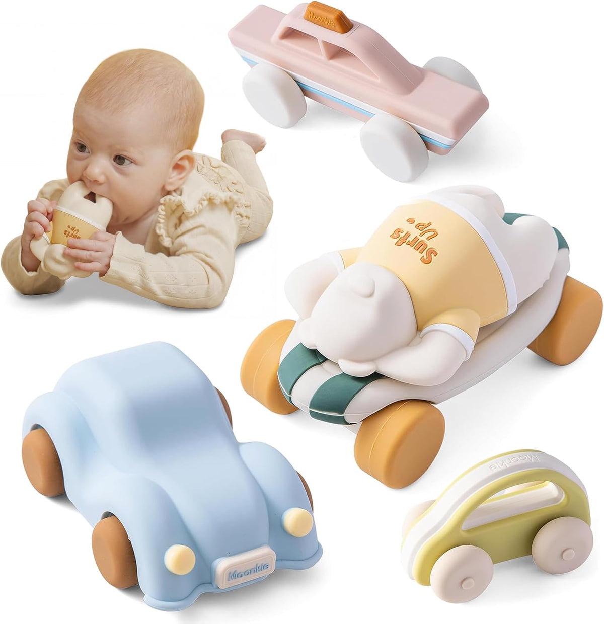 Moonkie Coches de juguete de silicona para bebés, paquete de 5 juguetes de