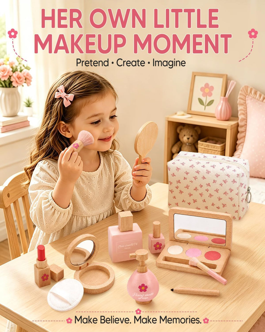 Kit de maquillaje de madera para niñas de 3 a 5 años, juego de maquillaje