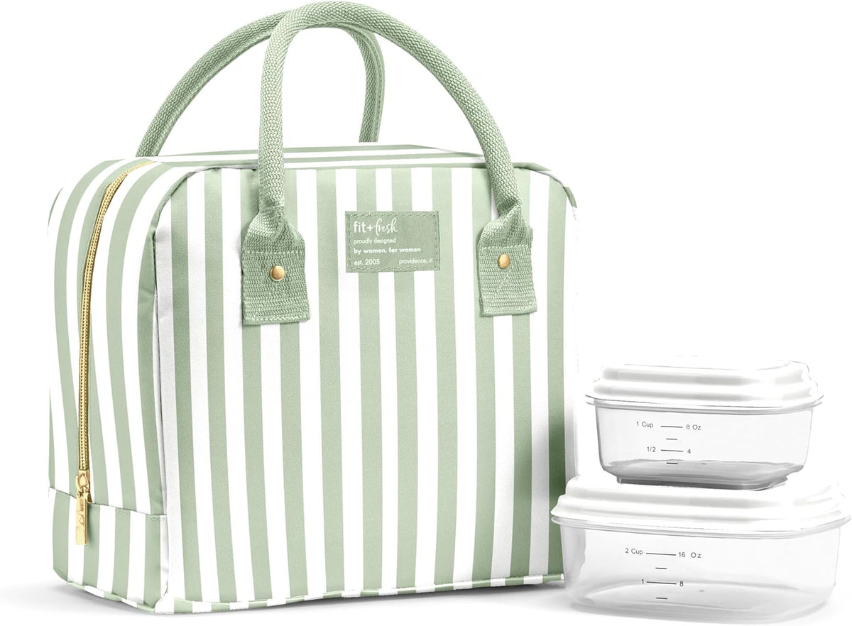 Fit & Fresh Bloomington - Lonchera grande aislada para trabajar con contenedores, resistente a las manchas, cierre de cremallera, rayas gruesas salvia