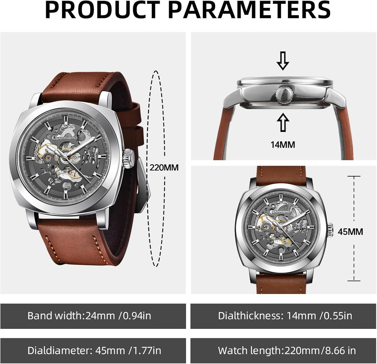 SAPPHERO Relojes para Hombre de Pulsera de Cuero Esqueleto Automáticos