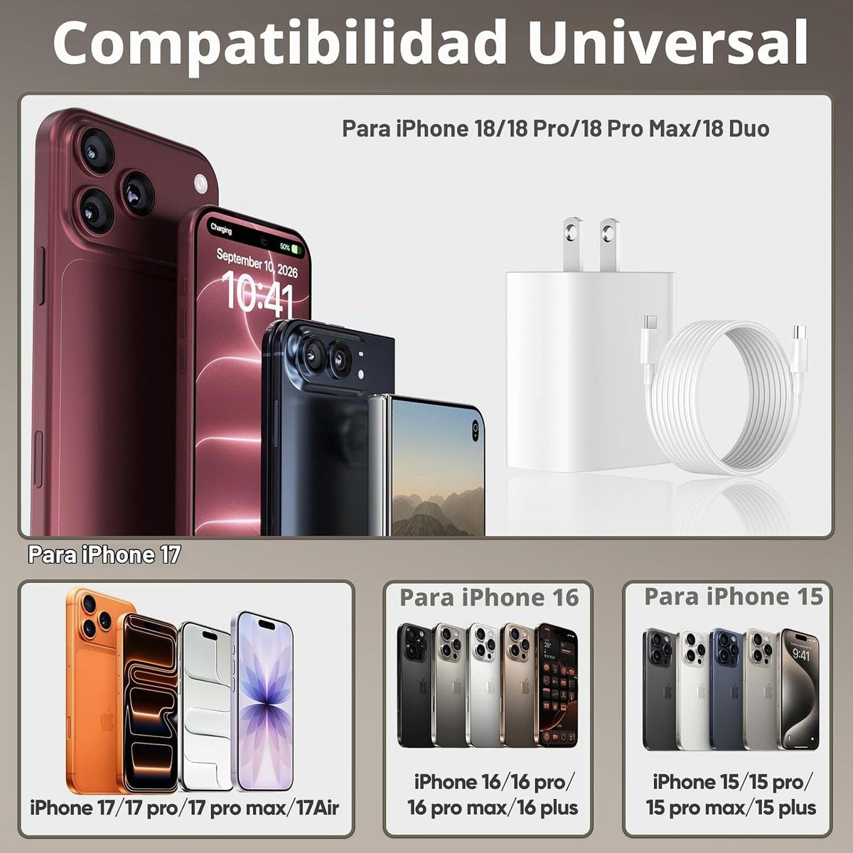 Cargador USB C de carga rápida para iPhone 18, 17, 16, 15 Pro, carga rápida, 20 W, 10 pies