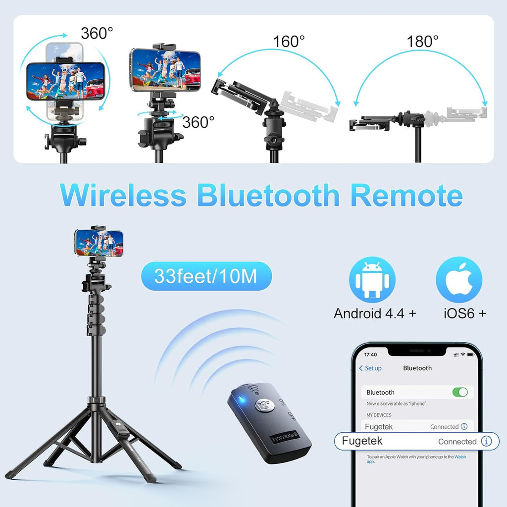 Fugetek Trípode profesional para teléfono celular de 62", diseño ultra estable de 4 patas, control remoto Bluetooth, bastón y patas 100% de aluminio, portátil todo en uno, soporte para teléfono de 360