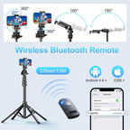 Fugetek Trípode profesional para teléfono celular de 62", diseño ultra estable de 4 patas, control remoto Bluetooth, bastón y patas 100% de aluminio, portátil todo en uno, soporte para teléfono de 360