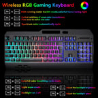 Teclado y mouse inalámbricos RGB para juegos, retroiluminación recargable, batería de larga duración, sensación mecánica de panel de metal con reposamanos, mouse para juegos de 7 colores y alfombrilla