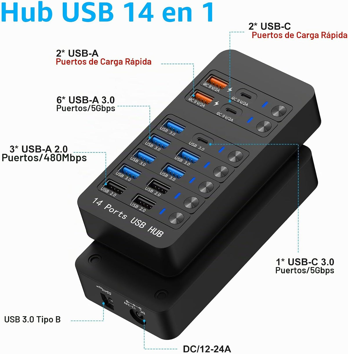 Zeroffi, J655-2402500D, hub USB 3.0 de 14 puertos, alimentado, adaptador 9V/2A