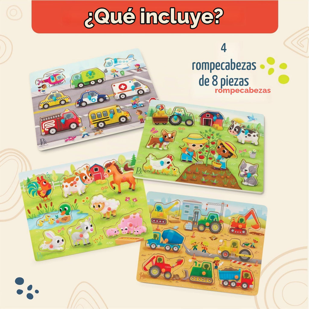 B. toys Rompecabezas de Clavijas de Madera, Peek & Explore Paquete de 4, Vehículos, Granja, Paquete de 4