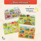 B. toys Rompecabezas de Clavijas de Madera, Peek & Explore Paquete de 4, Vehículos, Granja, Paquete de 4