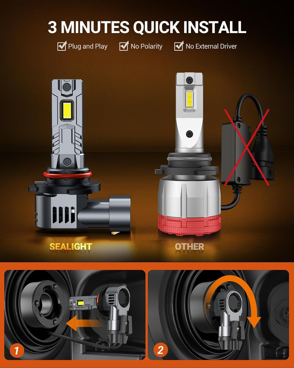 SEALIGHT Bombillas 9005 9006, 160,000 lúmenes, brillo más alto, 6500 K, blanco frío con ventiladores de refrigeración, luz 9005/HB3 9006/HB4 Powersports LED antiniebla 52 W de alta potencia 1:1 diseño