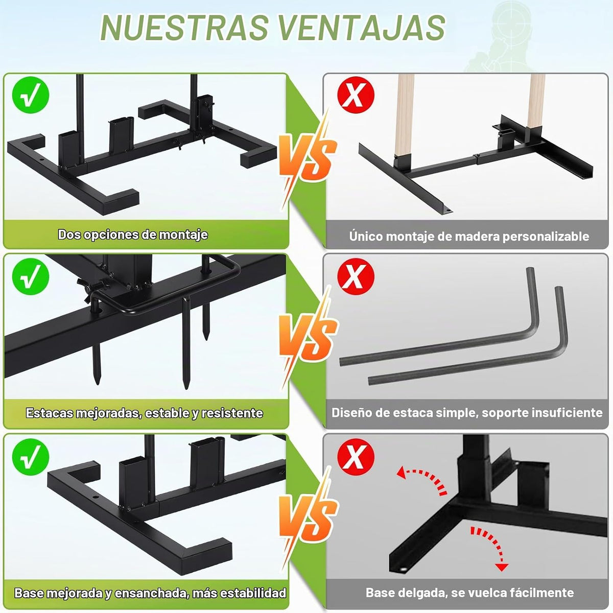 Conjunto de Soporte de Objetivo Ajustable con 10 Blancos de Papel, Dos Opciones de Montaje para Tiro al Aire Libre, Soporte Estable con Postes Metálicos y Clavos de Suelo