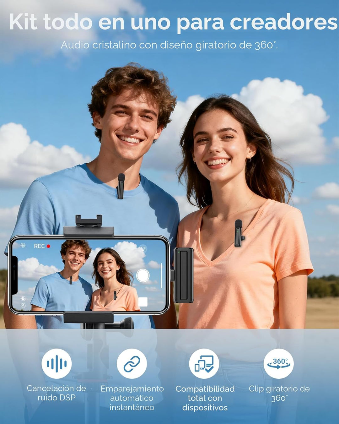 Mini micrófono inalámbrico para iPhone, iPad, Android, paquete de 2...