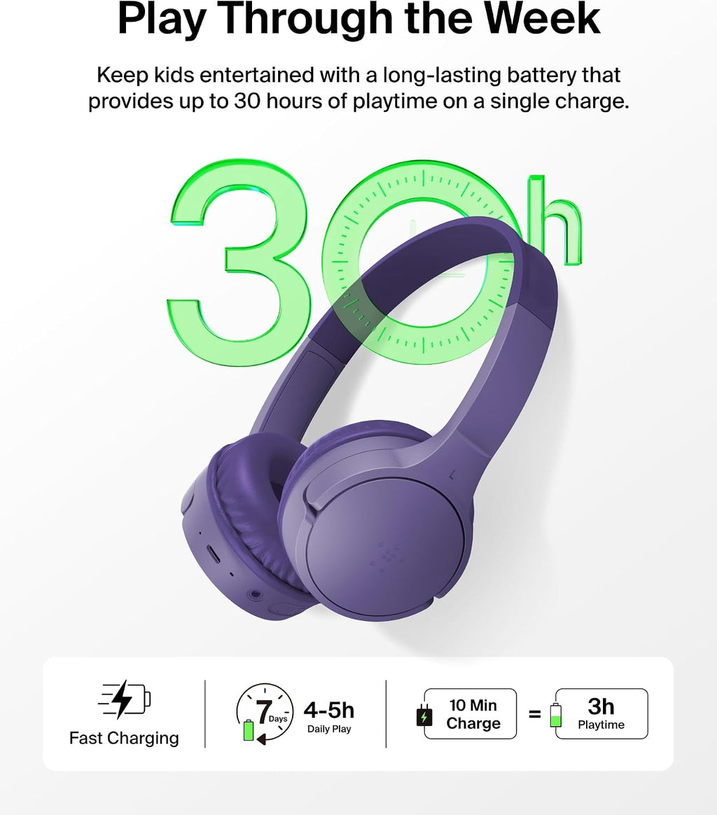 Belkin SoundForm Mini - Auriculares inalámbricos Bluetooth para niños, batería de 30H, límite de volumen seguro de 85dB, micrófono integrado - Auriculares supraaurales para niños pequeños para iPhone