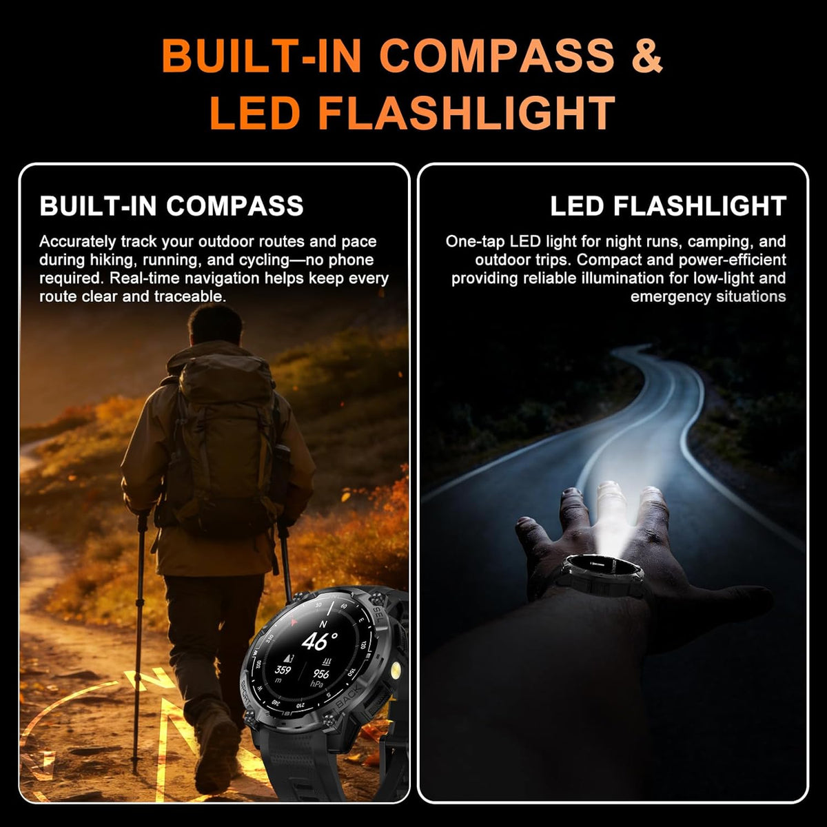 Reloj inteligente militar resistente para hombre con GPS, reloj AMOLED de seguimiento de fitness de 1.43 pulgadas con llamada Bluetooth, linterna/brújula, más de 170 modos deportivos, impermeable, reloj inteligente para hombre para Android iPhone