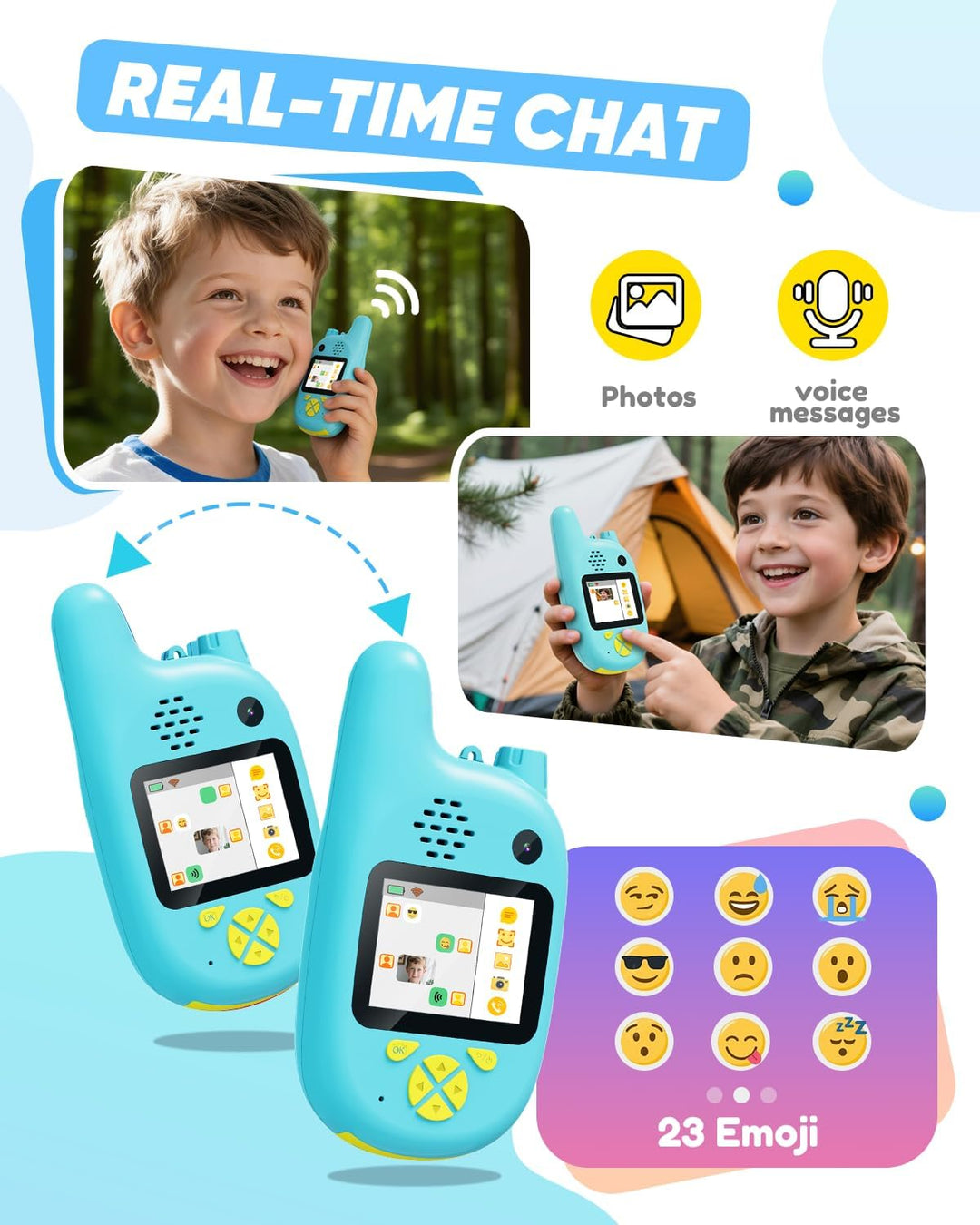 Walkie Talkies de video para niños con doble cámara, paquete de 2 j...