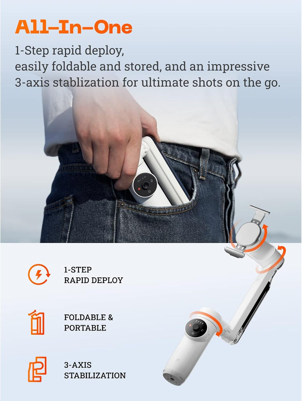 Insta360 Flow Estabilizador Gimbal para Smartphone, Gimbal con Inteligencia Artificial, Estabilización de 3 Ejes, Trípode Incorporado, Portátil y Plegable, Estabilizador de Teléfono con Seguimiento