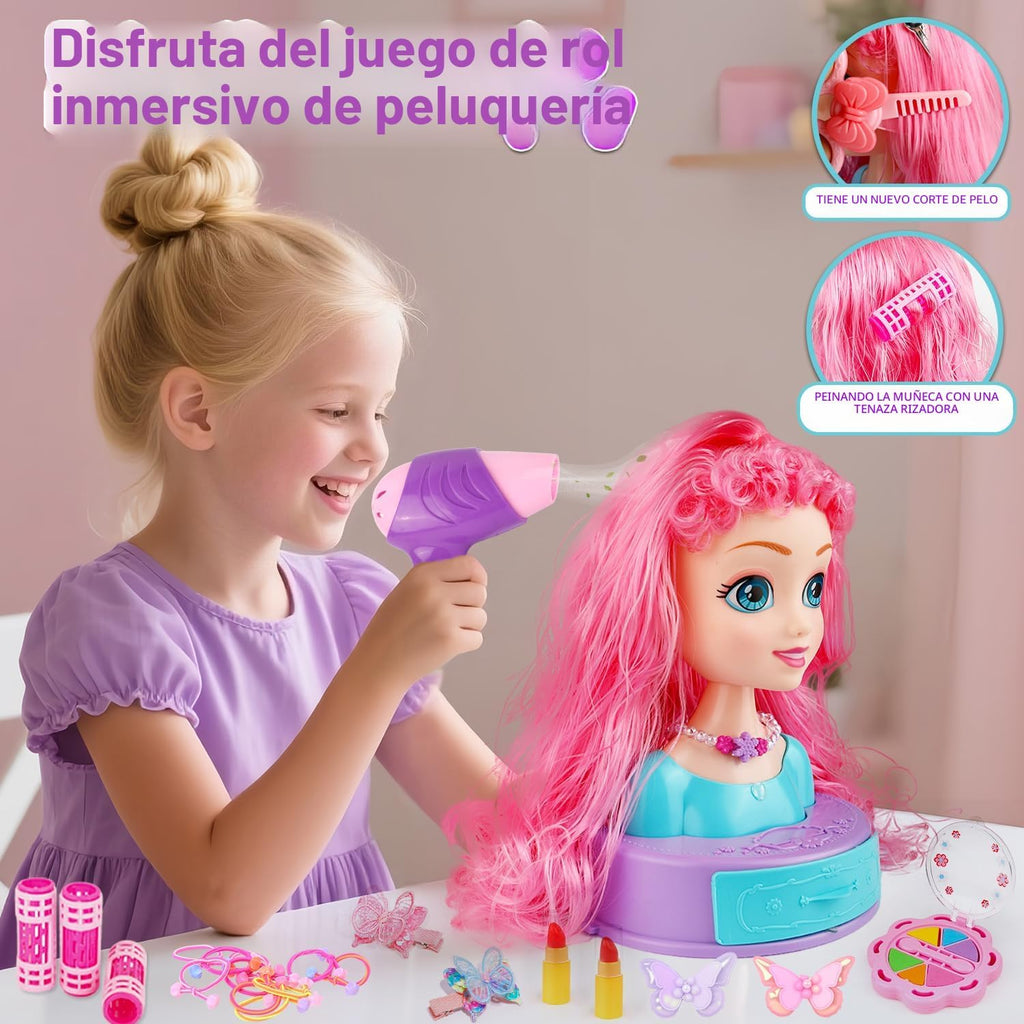 Cabeza de muñeca 4 en 1 para peinar el cabello para niños, 9 pulgadas, 41 piezas, juguetes de peluquería, kit de maquillaje, accesorios de princesa, juguetes de simulación, regalos de