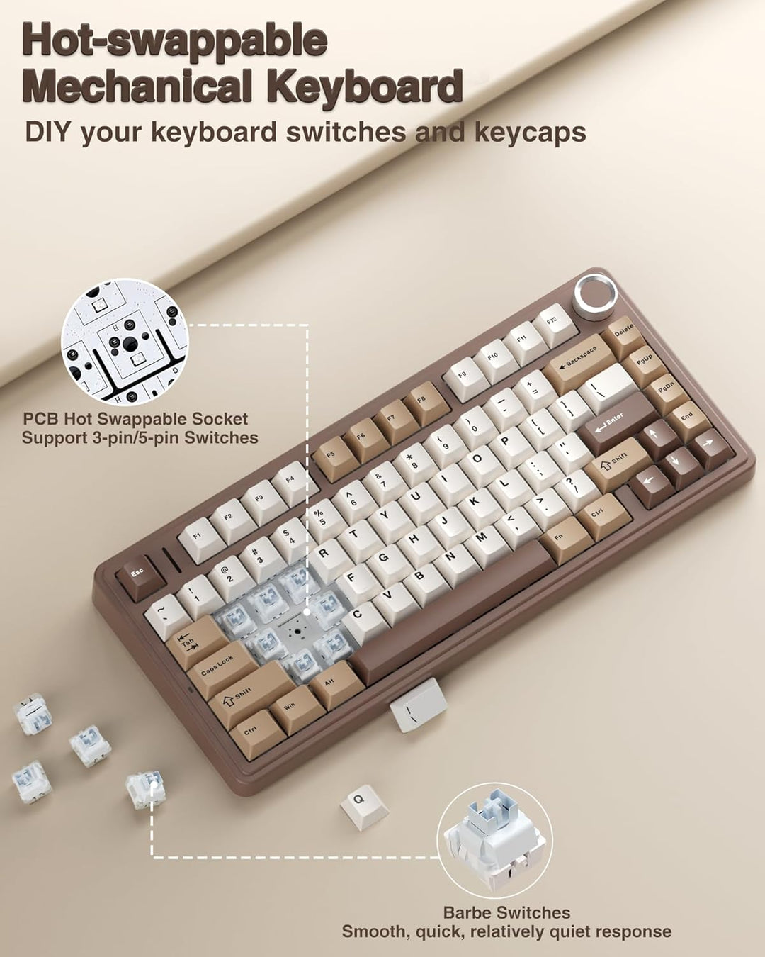 AULA Teclado mecánico inalámbrico F75 75%, teclado cremoso intercam...