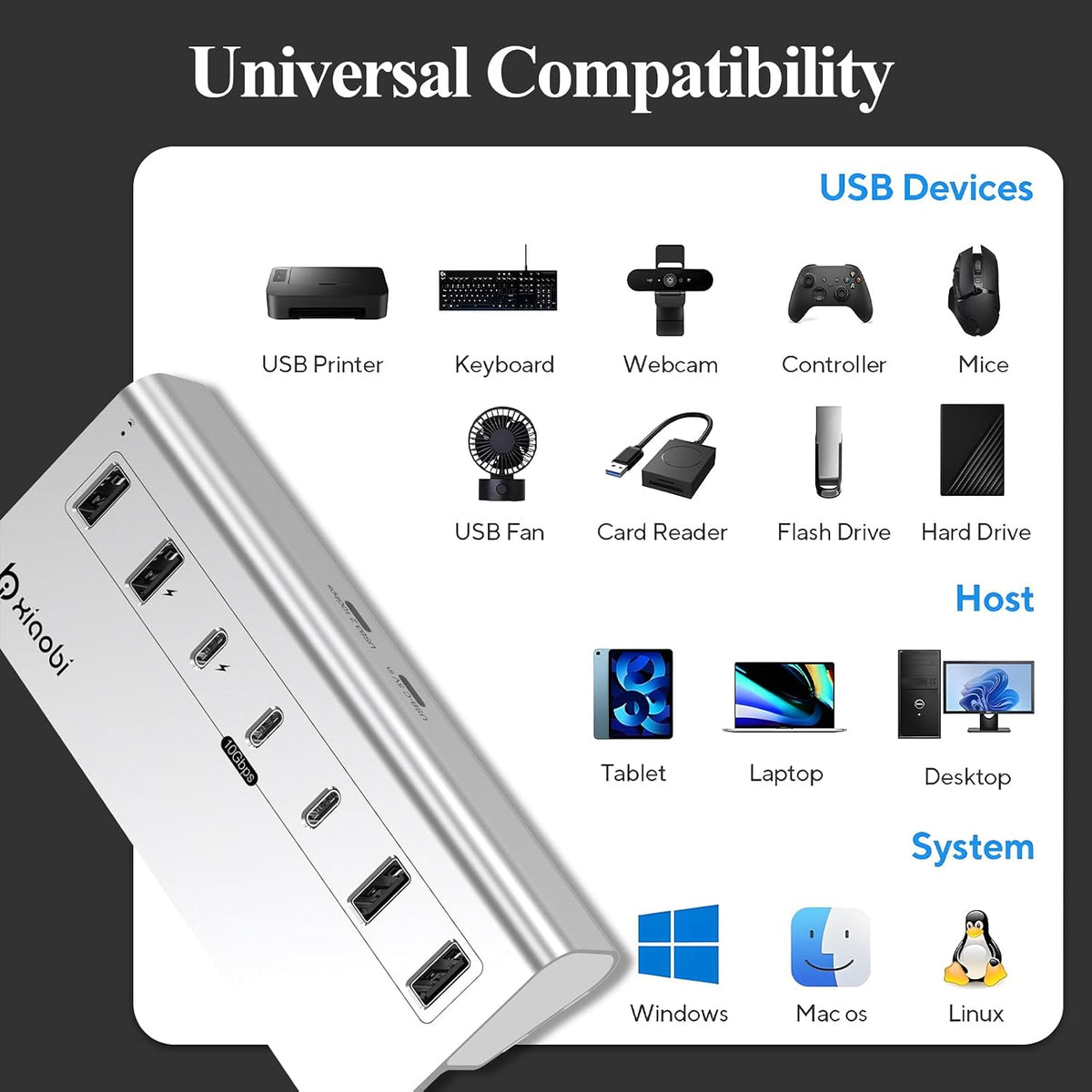 xiaobi, Bi-H07, hub USB de 4 puertos, alimentado