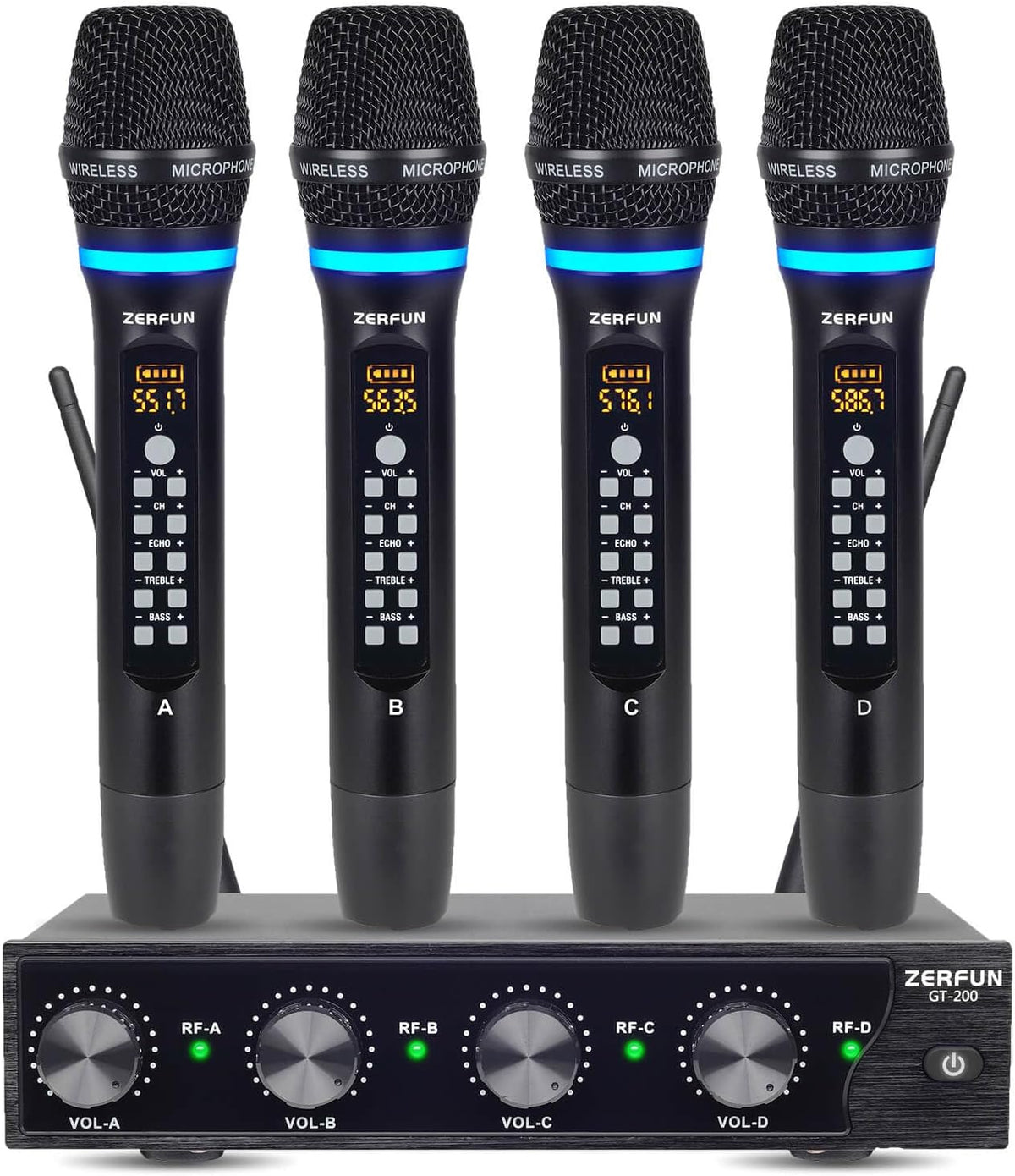 ZERFUN Pro Sistema de Micrófono Inalámbrico Recargable de 4 Canales