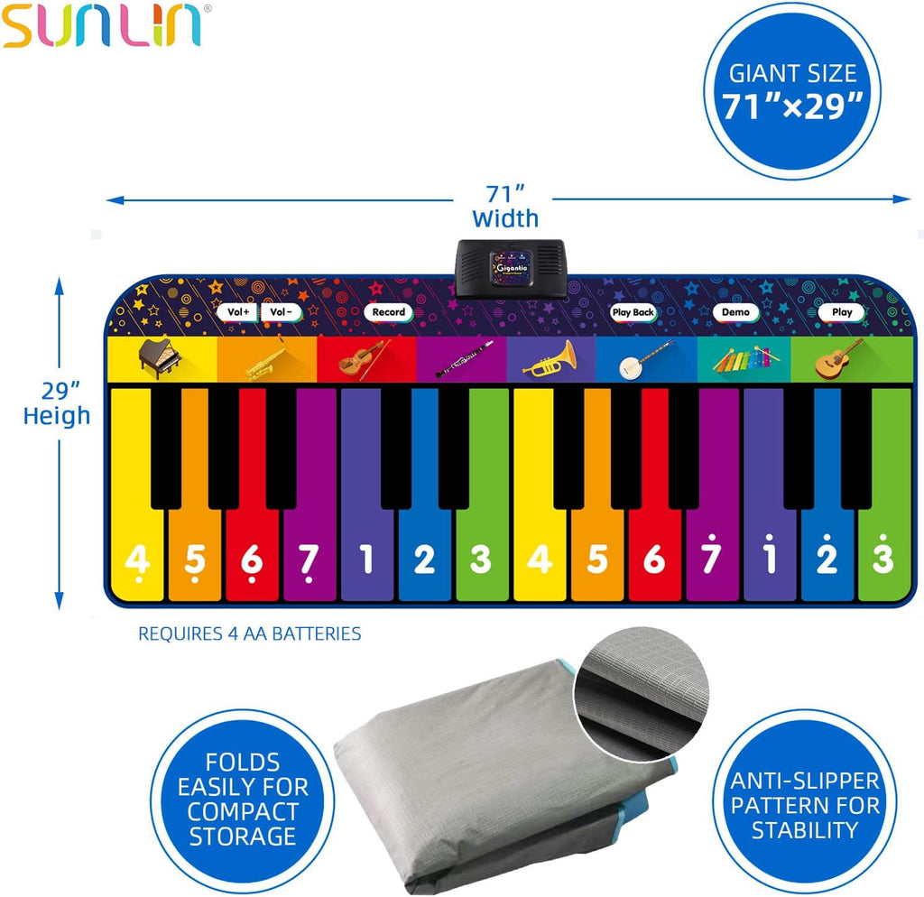 SUNLIN Alfombrilla de piano de suelo de 6 pies para niños y niños, tapete de piano gigante, 24 teclas, 10 canciones integradas, 8 sonidos de instrumentos, grabación y reproducción, folleto de