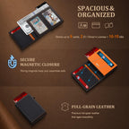 Cartera de cuero de grano completo para hombre, con 2 ventanas de identificación, bloqueo RFID, triple plegable, tarjetero desplegable para tarjetas de crédito, cartera para 9-11 tarjetas